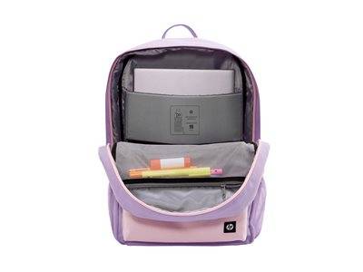 Ein offener, hellvioletter Rucksack, der organisierte Fächer mit einem Laptop, einem Notizbuch und Schreibutensilien im Inneren zeigt.