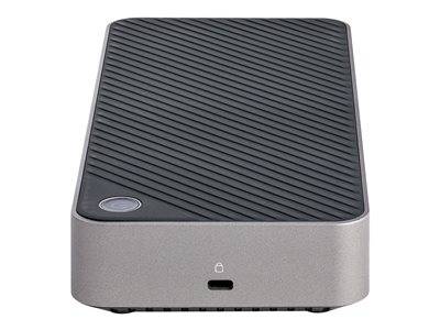 Ein schlanker, rechteckiger externer Festplattenlaufwerk mit einer strukturierten schwarzen Oberfläche und einem USB-C-Anschluss an der Vorderseite.