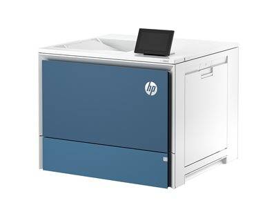 Ein weißer und blauer Drucker mit dem prominent platzierten 'HP' Logo, der über ein Touchscreen-Panel auf der Oberseite verfügt.