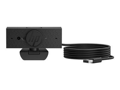 Eine schwarze HP-Webcam mit montiertem Ständer und USB-Kabel, mit einer Linse in der Mitte und strukturiertem Design auf der Frontplatte.