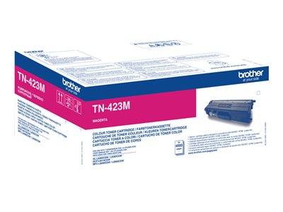 Verpackung des Brother TN-423M Magenta-Tonerkartuschen-Kartons mit Produktdetails in mehreren Sprachen, primär weiß mit rosa und blauen Akzenten.