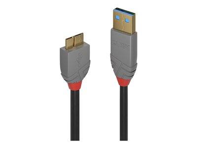 USB 3.0 zu Micro-B Kabel mit vergoldeten Anschlüssen und grauem Gehäuse, verwendet für Hochgeschwindigkeits-Datentransfer zwischen Geräten.