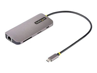Ein USB-C-Hub mit mehreren Anschlüssen, einschließlich USB, HDMI und SD-Kartensteckplätzen, entwickelt zum Anschluss verschiedener Geräte an einen Laptop oder Computer.