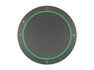 Ein rundes Freisprechtelefon mit einem grünen LED-Ring, ausgestattet mit Symbolen für Ein/Aus, Anruf, Lautstärke und Microsoft Teams-Kompatibilität.