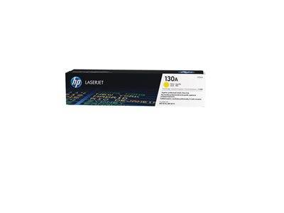 Die Tonerkartusche 'HP LaserJet 130A' in Gelb mit Branding und Farbmuster auf der Verpackung, hauptsächlich zum Drucken verwendet.