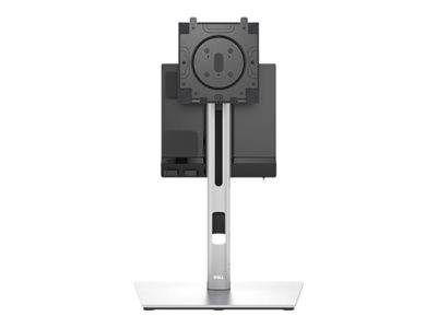 Ein Monitorständer ohne Bildschirm, mit eleganter silberfarbener Basis und schwarzer verstellbarer Halterung, die einen Monitor sicher befestigen soll.