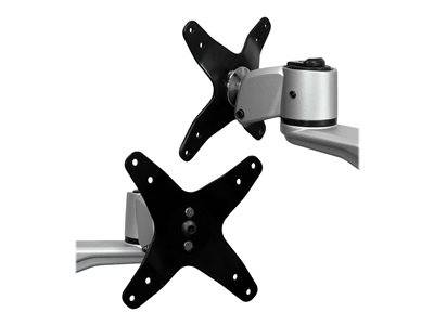 Eine Dual-Monitor-Halterung mit verstellbaren Gelenken und schwarzen VESA-Platten, entwickelt für ergonomische und flexible Bildschirmpositionierung auf einem Schreibtisch.