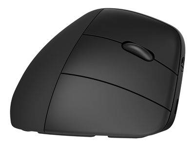 Eine ergonomische, schwarze Computermaus mit vertikaler Gestaltung, die darauf abzielt, die Belastung des Handgelenks während der Nutzung zu reduzieren.
