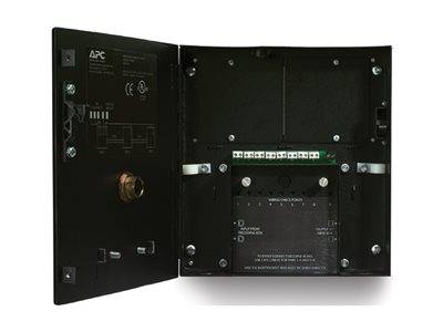 Eine offene schwarze Elektroschaltkasten mit internen Verdrahtungen, Steckverbindern und einem Schaltplan auf dem linken Paneel.