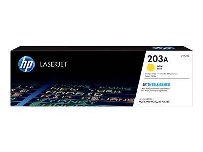 HP LaserJet Tonerkartusche, Modell 203A in gelber Farbe. Zeigt 'JetIntelligence' und ist kompatibel mit bestimmten M- und MFP-Druckerserien.