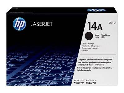 HP LaserJet Schwarztonerkassette 14A Verpackung. Hebt professionelle Druckqualität für Modelle 700 M725, 700 M712 hervor.