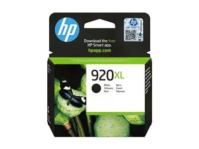 HP 920XL Schwarzpatrone' Verpackung mit einem Schmetterlingsmotiv; enthält einen QR-Code und die Web-URL 'hpapp.com' zum Herunterladen der HP Smart App.