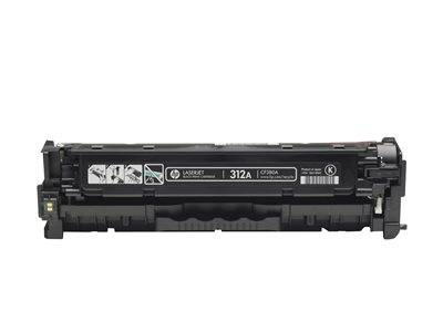 Schwarze Tonerkartusche für einen Drucker, Modell '312A', geeignet für HP LaserJet-Drucker, vor einem einfarbigen Hintergrund präsentiert.