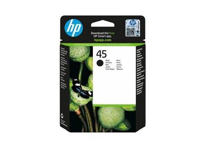HP 45 Schwarzpatrone mit Recycling-Symbol. Wirbt für den Download der HP Smart App.