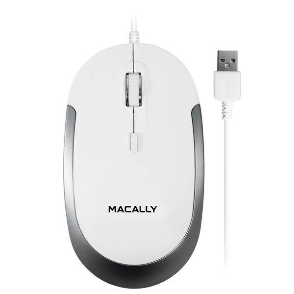 Macally DYNAMOUSE, MacBook Maus mit 3 Tasten und Scrollrad, optisch mit Kabel, Mouse für USB-A Notebook und Laptop, weiß / grau