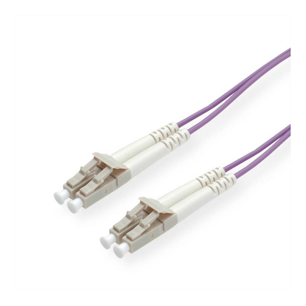 Zwei violette Lichtwellenleiterkabel mit beigen LC-Duplex-Steckverbindern auf weißem Hintergrund.