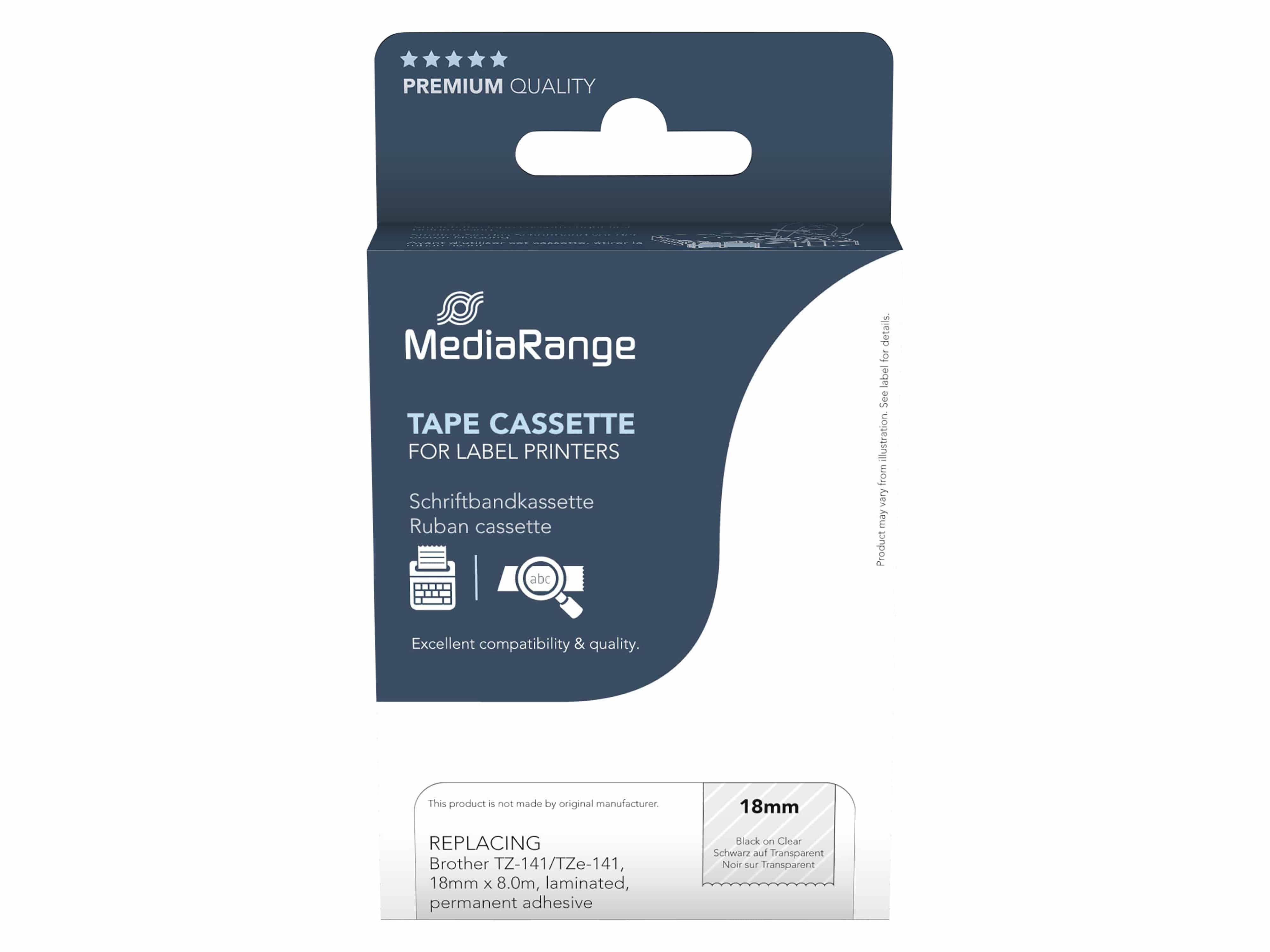 MediaRange Kassette für Etikettendrucker, Verpackung mit Austausch für Brother TZ-141/TZe-141, 18 mm x 8 m, laminiert mit permanentem Kleber.