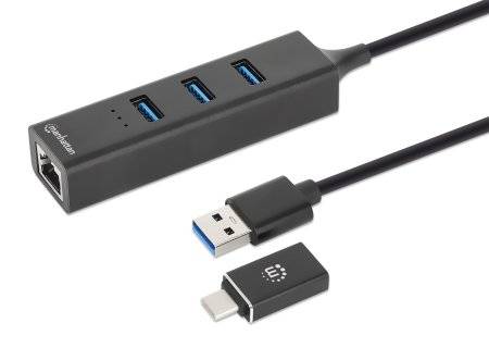 MANHATTAN 3-Port USB 3.0 Typ-C / Typ-A Kombo-Hub mit Gigabit Ethernet-Netzwerkadapter Eingabe / Hubs
