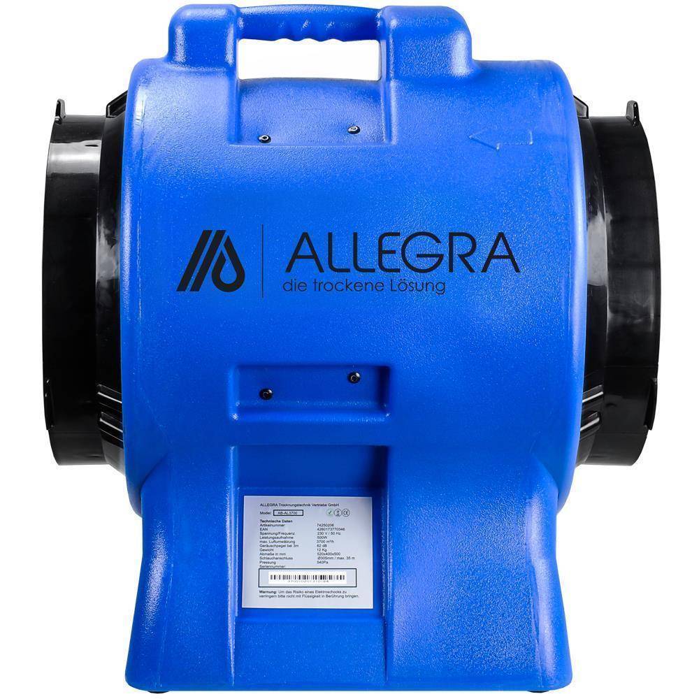 Blaue Allegra-Industrietrocknungsmaschine mit seitlichen Lüftungsschlitzen und oberer Griffleiste, Vorderansicht auf weißem Hintergrund.