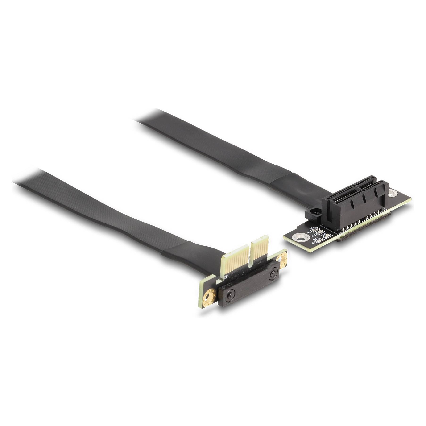 Zwei kleine schwarze Flachbandkabel-Adapterkarten mit Steckverbindern an jedem Ende, auf weißem Hintergrund dargestellt.