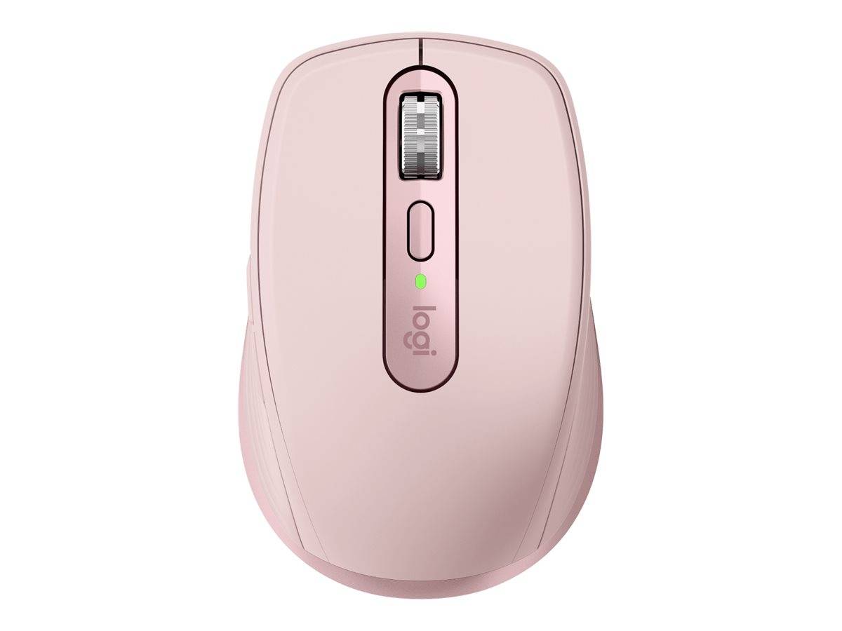 Rosa kabellose Computermaus mit Scrollrad, Mitteltaste und Logitech-Logo.