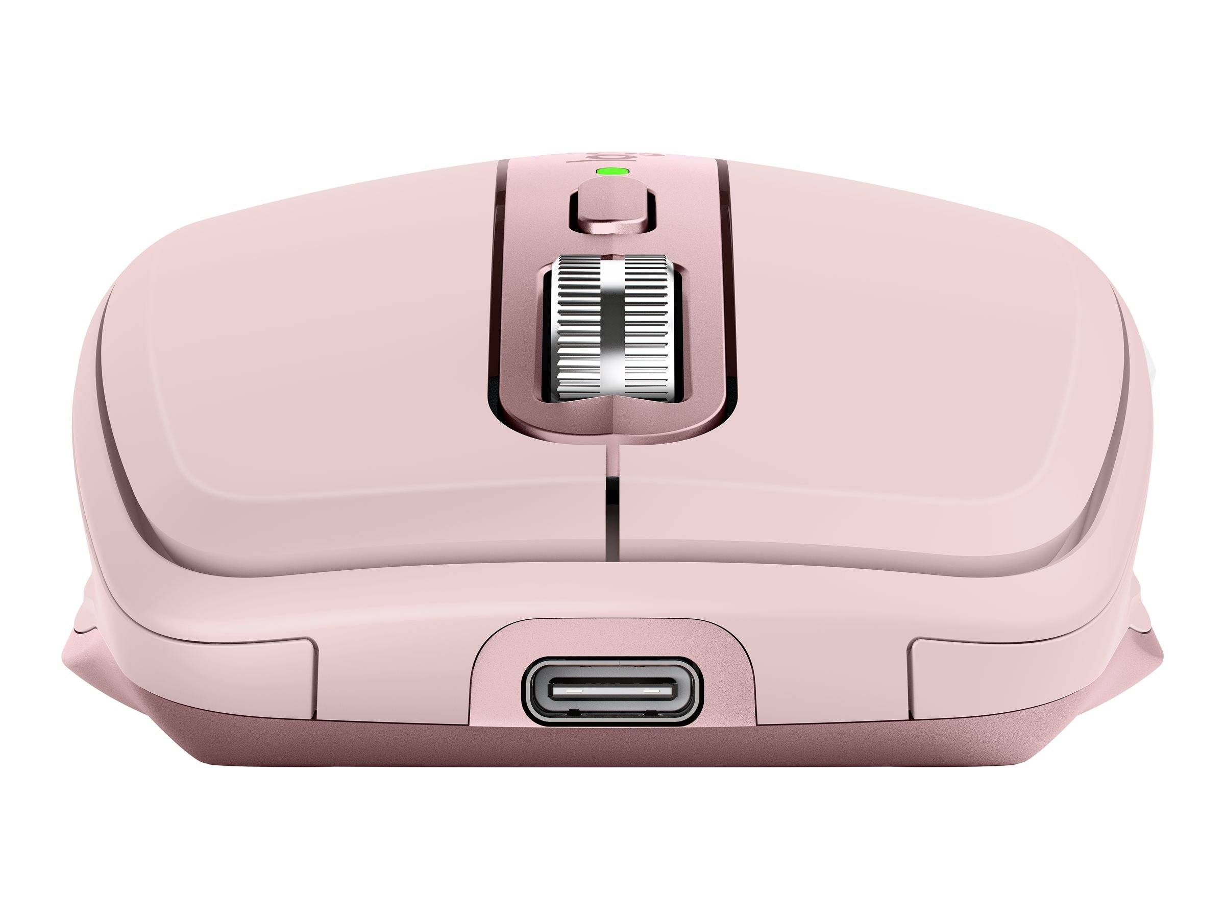 Rosa schnurloses Computermaus mit Scrollrad und USB-C-Ladeanschluss, von vorne auf weißem Hintergrund dargestellt.