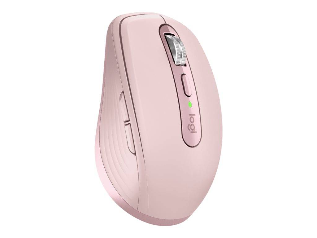 Pink kabellose Logitech-Computermaus auf weißem Hintergrund, mit Scrollrad, Seitentasten und kleiner grüner Anzeigeleuchte.