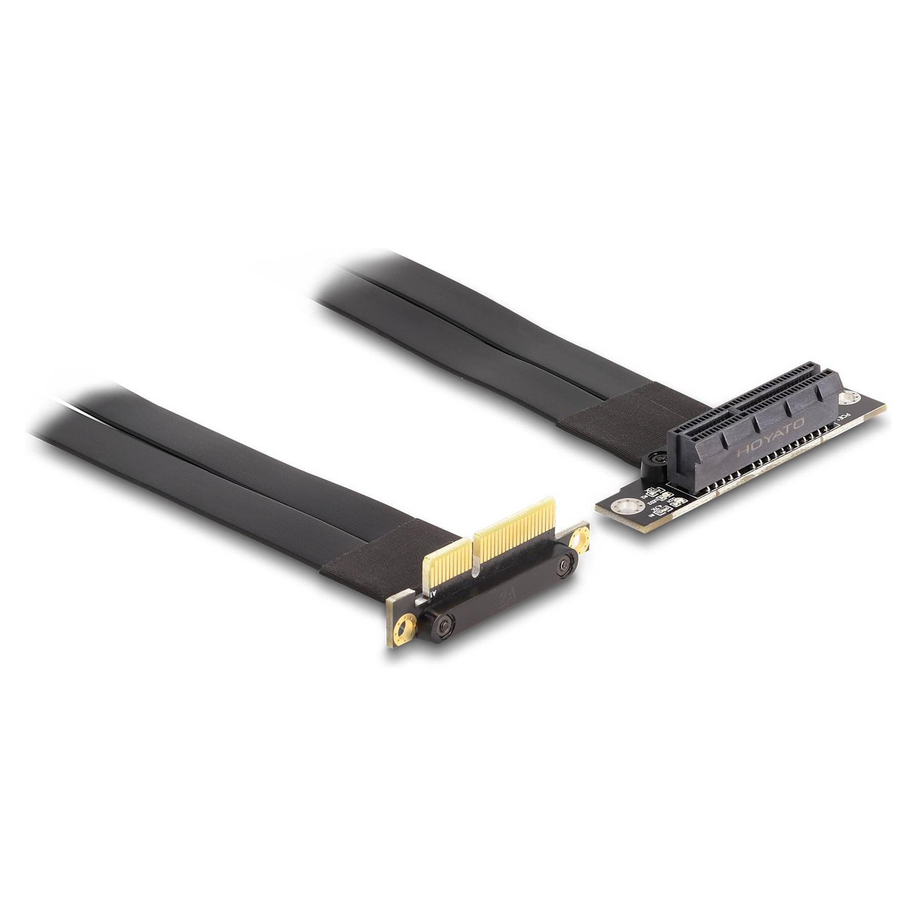 Zwei PCIe-Adapterkabel mit Steckern und Montageklammern auf weißem Hintergrund.