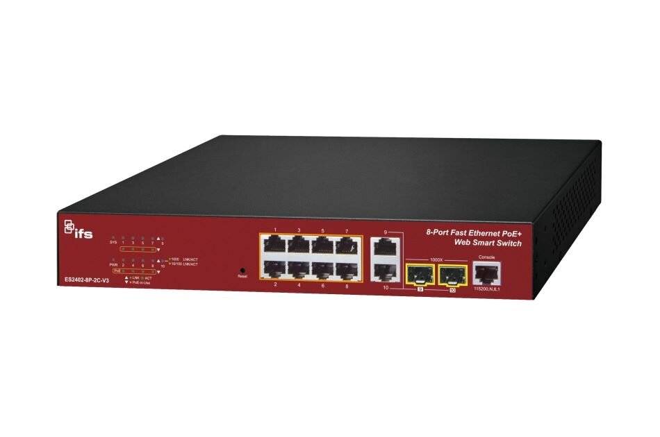 IFS ES2402-8P-2C-V3, Fast Ethernet PoE-AT Switch, managed, 8 Ports PoE, 2x Gig Uplinks, Web Smart