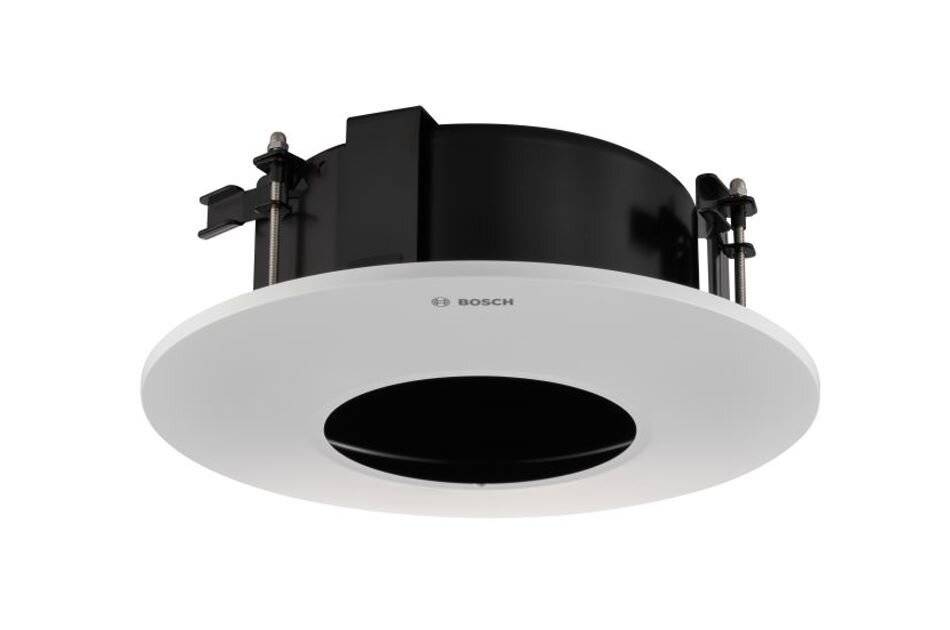 Bosch eingebauter Deckenleitsprecher oder Lüftungsgitter mit weißem rundem Gitter und schwarzer zentraler Öffnung auf einfachem Hintergrund