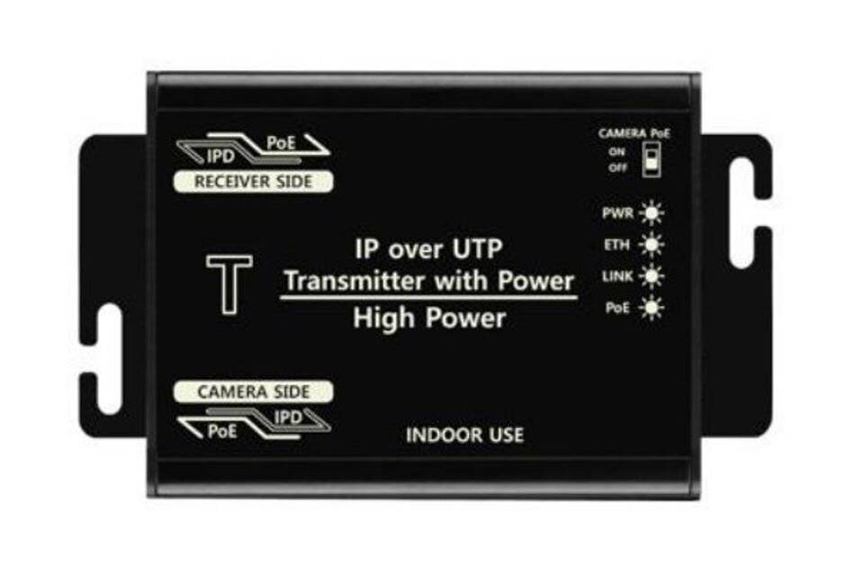 Black IP über UTP Sender mit Stromversorgung für den Innenbereich, gekennzeichnet mit Empfängerseite und Kameraseite mit PoE, sowie Status-LEDs für Stromversorgung, Ethernet, Verbindung und PoE.