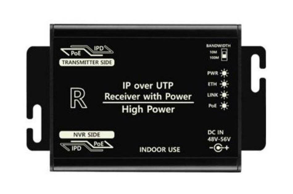 Schwarzes IP-über-UTP-Empfängergerät mit Power-Splitter, gekennzeichnet mit „High Power
