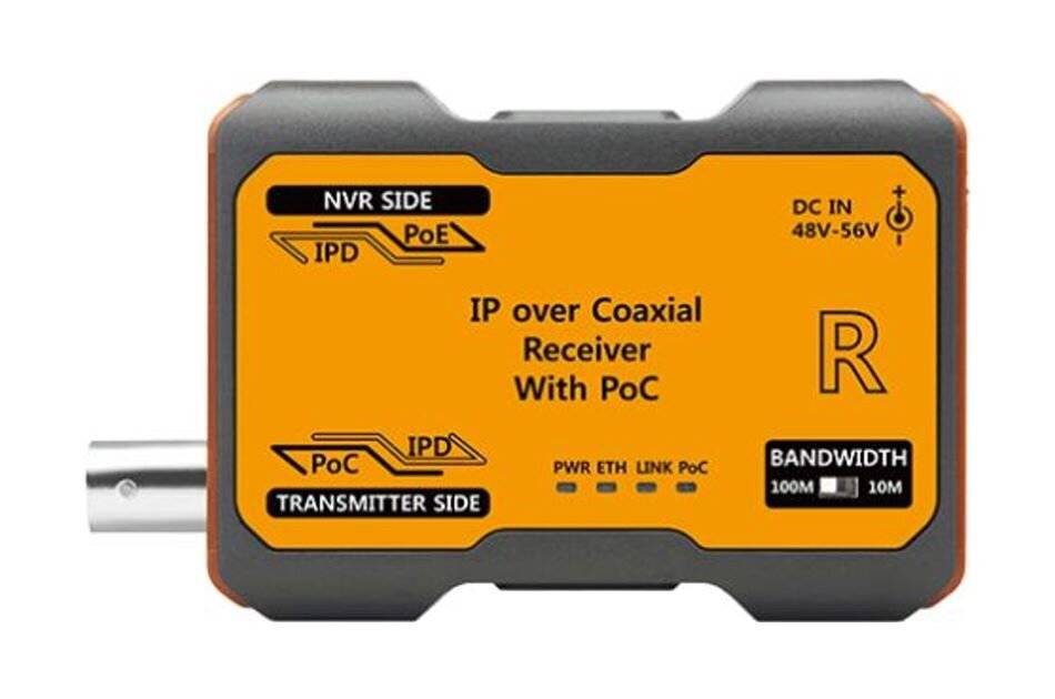 Orange und schwarzer IP über Koaxial-Empfänger mit PoC-Gerät, zeigt NVR-Seite, Sender-Seite, Stromeingang und Bandbreitenschalter.
