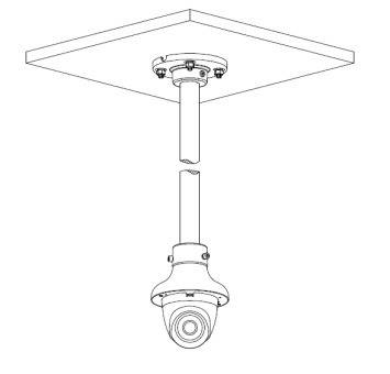 Diagramm einer Dome-Sicherheitskamera, die an einer Decke mit einem kurzen Arm montiert ist, mit Installationsdetails und Kamerapositionierung.