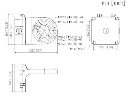 Technische Maßzeichnung eines Motors/Getriebes mit Vorder-, Seiten- und Draufsicht, zeigend metrische und Zoll-Maße sowie Bohrungspositionen für die Montage.