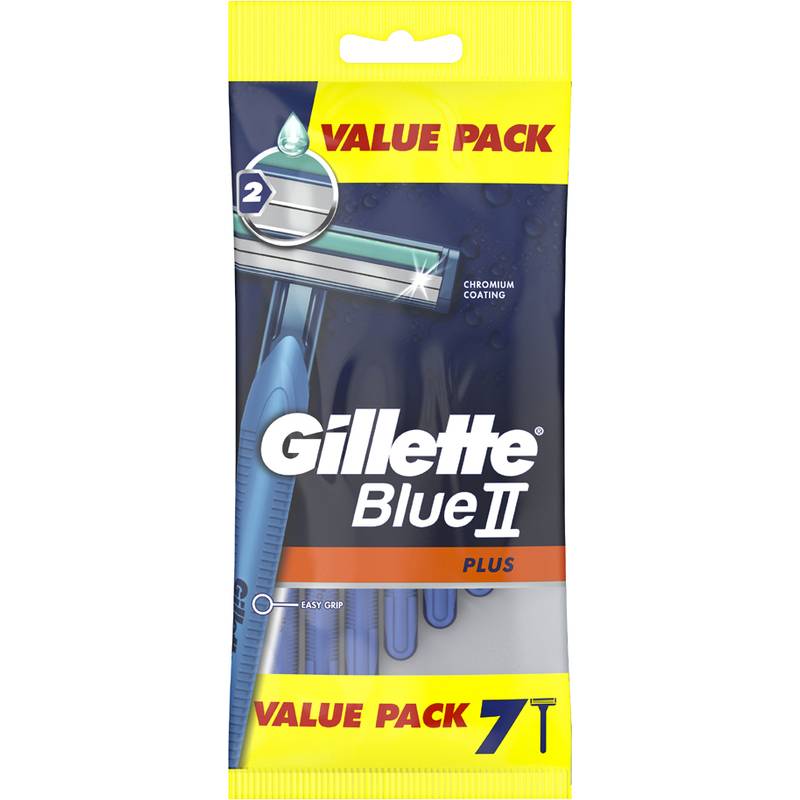 Gillette Blue II Plus' Einwegrasierer im 'Vorteilspack' mit 7 Stück, ausgestattet mit Chrombeschichtung und ergonomischem Griff.