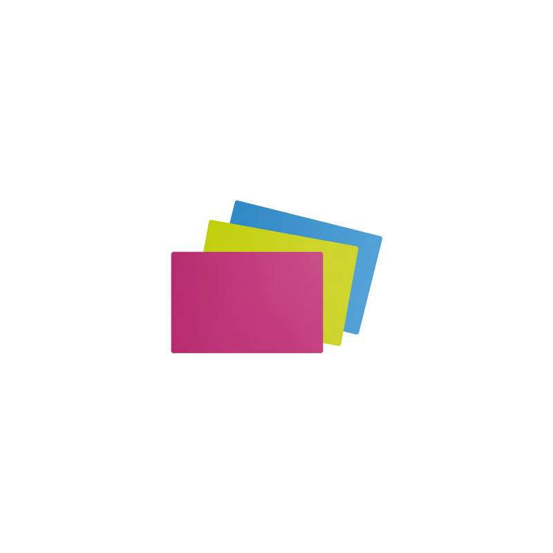 Drei sich überlappende farbige Karten oder Haftnotizen auf weißem Hintergrund: Magenta vorne, Gelb in der Mitte, Blau dahinter.
