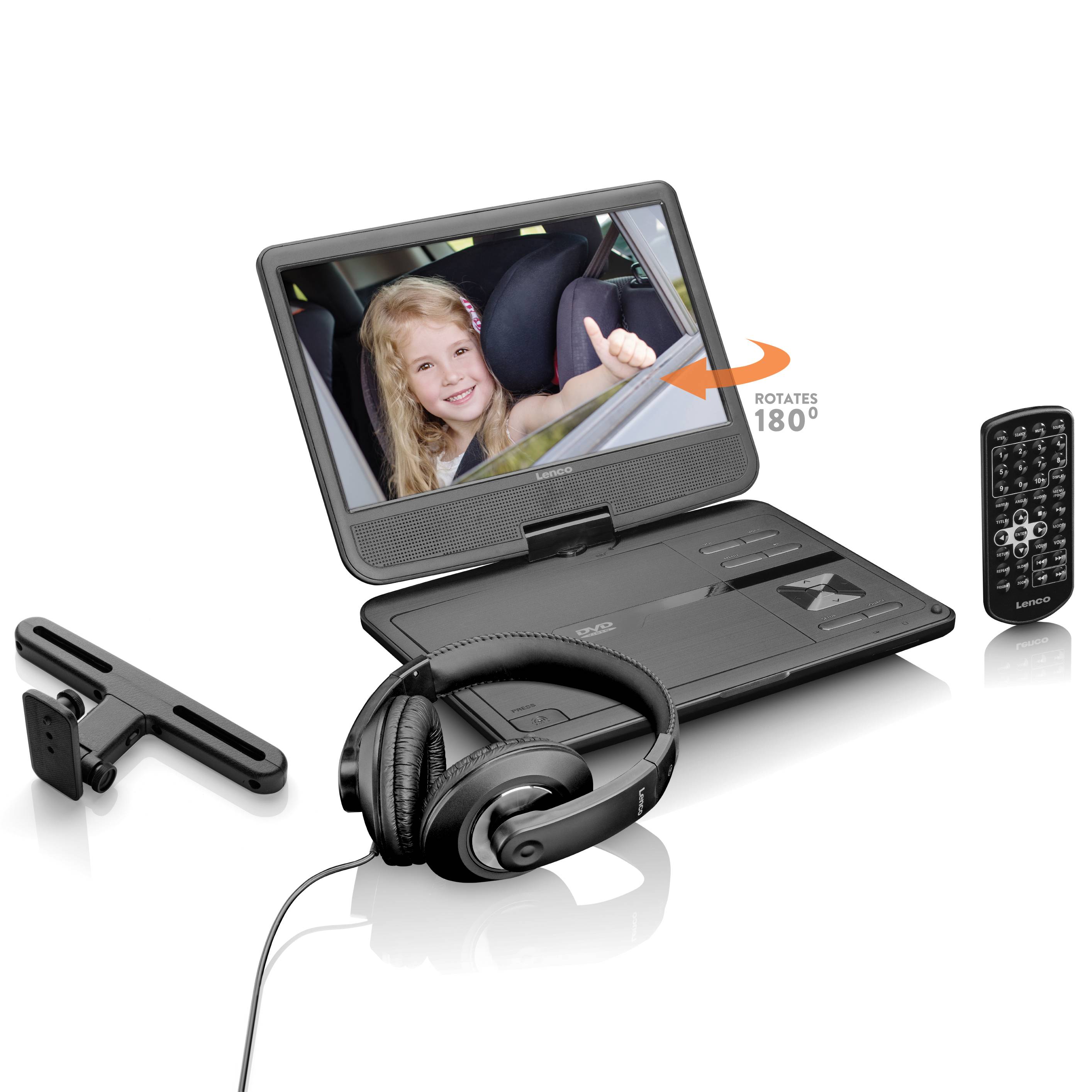 Lenco DVP-1010BK - 10 Zoll tragbarer DVD-Spieler mit Kopfhörer und Kopfstützenbefestigung - integrierter Akku - USB-Eingang - SD-Kartenleser - Schwa