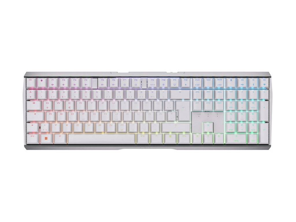 Weiße kompakte mechanische Tastatur mit RGB-Hintergrundbeleuchtung auf neutralem Hintergrund.