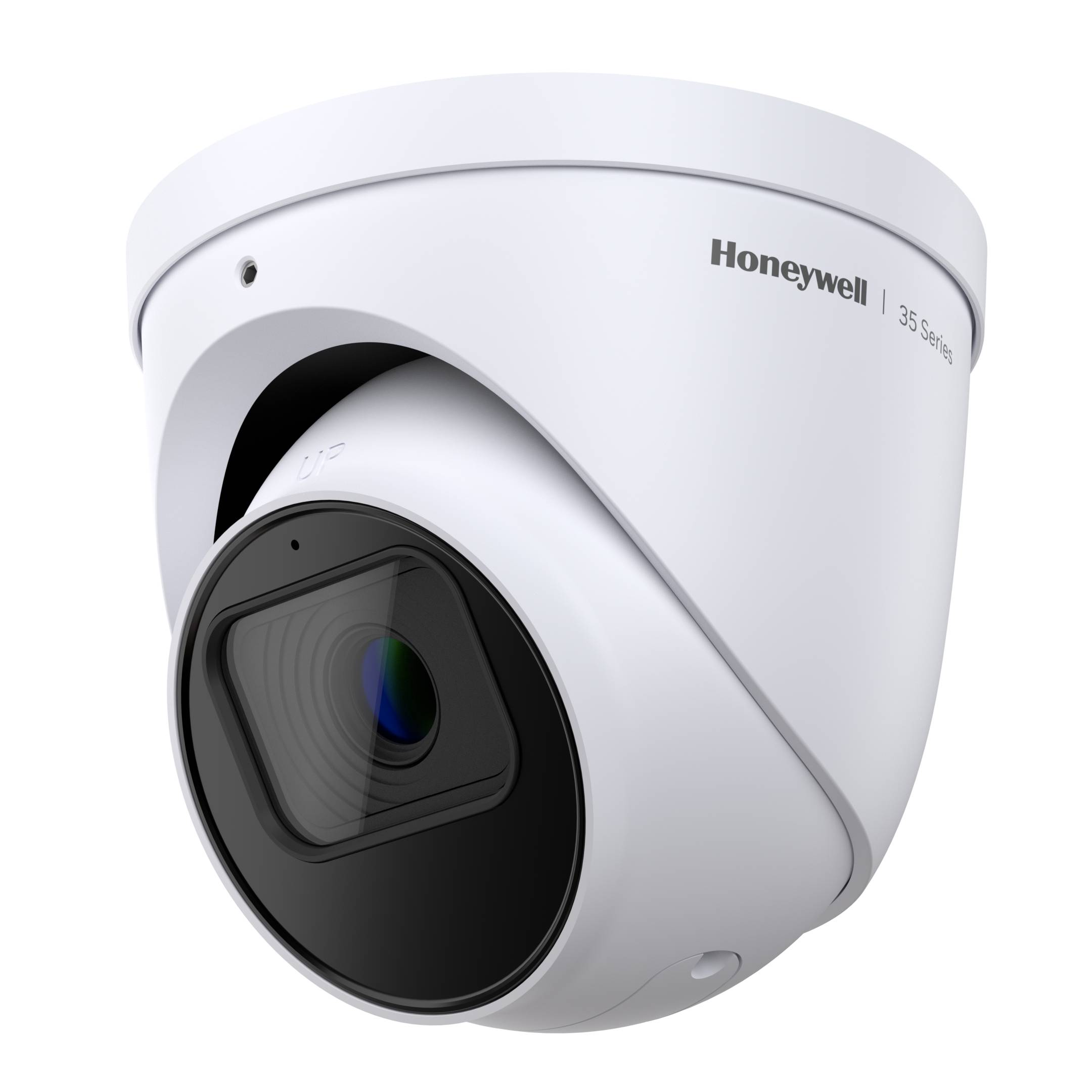 Weiße Honeywell 35 Series Domesicherheitskamera, gezeigt in nahaufnahmebetrachtung in gewölbter ansicht.