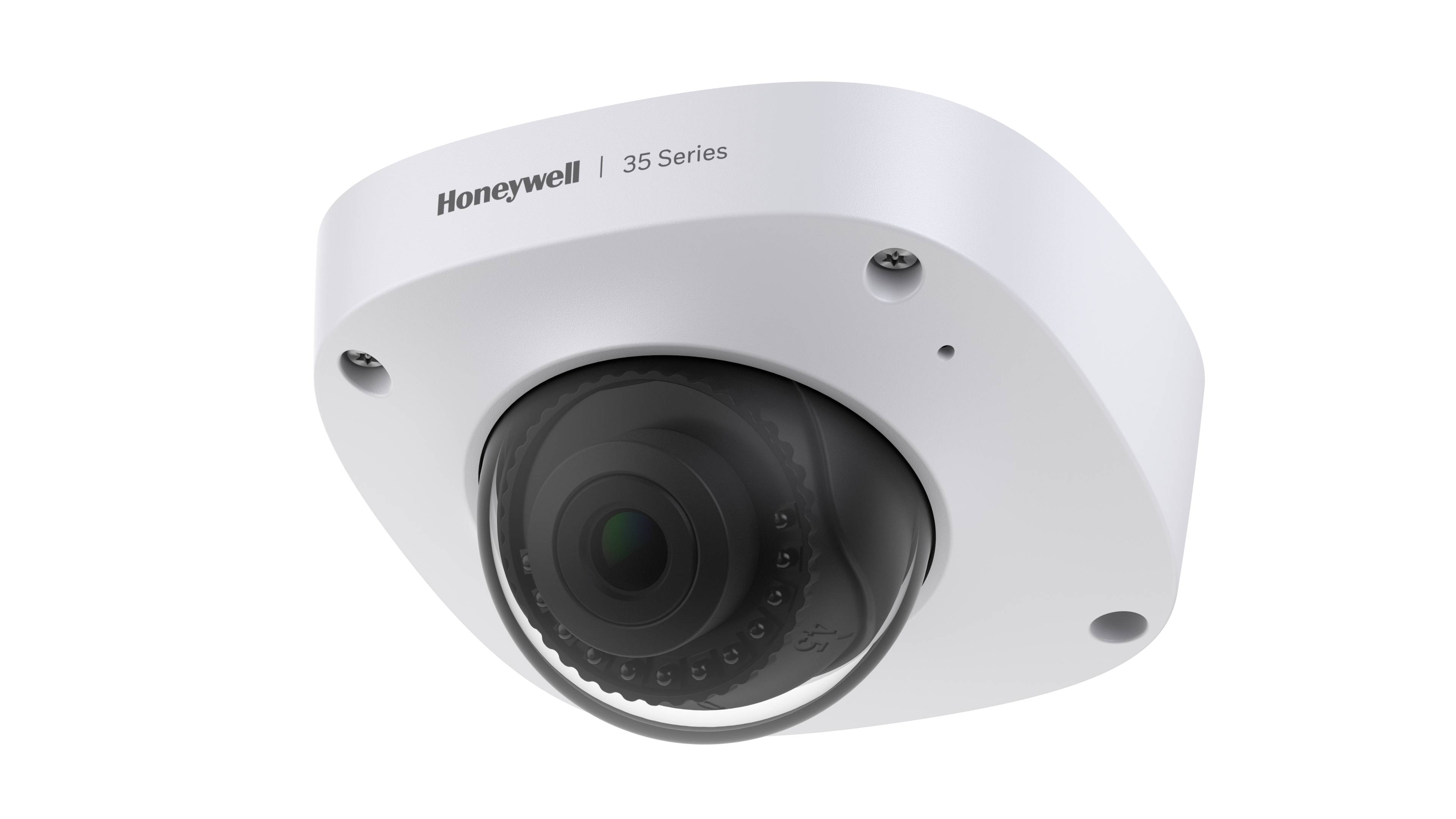 Honeywell 35er Serie Kuppel-Sicherheitskamera mit schwarzem Objektiv in weißem deckenmontierten Gehäuse auf schwarzem Hintergrund.