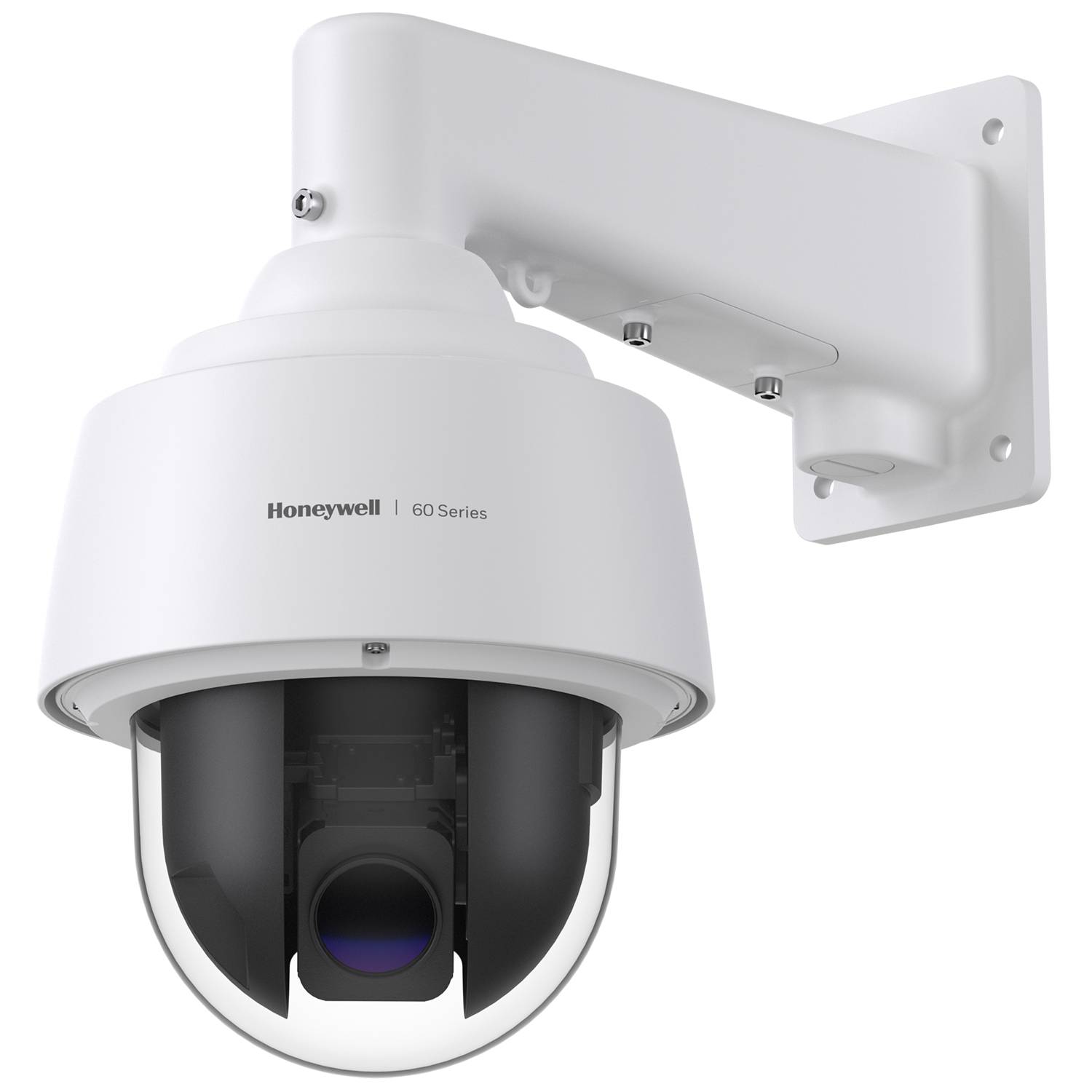 Weiße Honeywell 60 Series Domenkamera zur Sicherheitsüberwachung auf einer Wandhalterung vor schwarzem Hintergrund montiert.