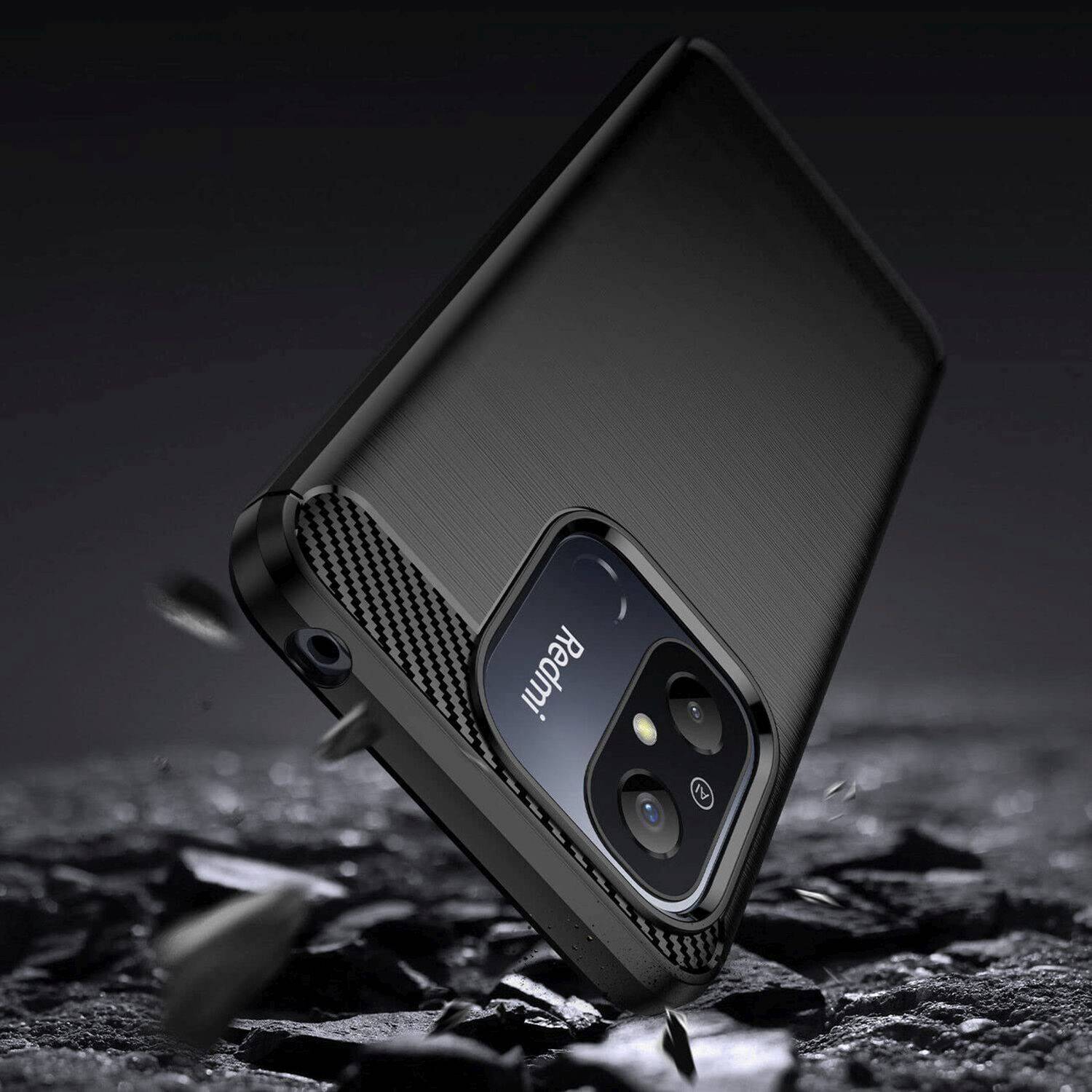 Carbon-Hülle kompatibel mit Xiaomi Redmi 12C Flexible Silikon-Carbon-Abdeckung Schwarz