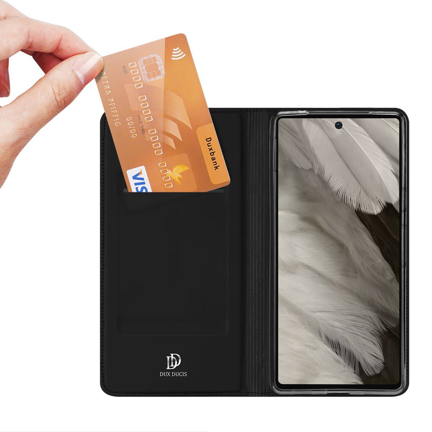 Dux Ducis Skin Pro Hülle kompatibel mit Google Pixel 7a Flip Card Wallet Stand Schwarz