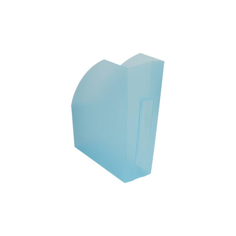 Ein transparenter, hellblauer Dokumentenhalter, der aufrecht steht, mit offener Ober- und Vorderseite, konzipiert zum Aufbewahren von Papieren oder Ordnern.