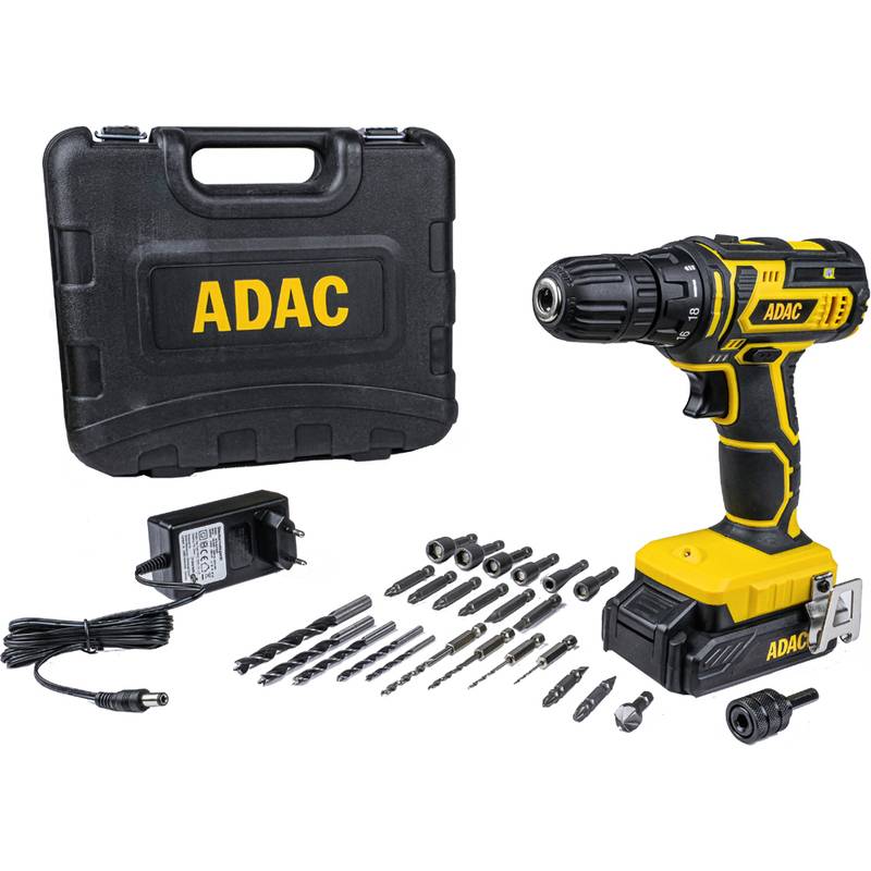 Ein Akku-Bohrschrauber-Set in einem schwarzen Koffer mit der Beschriftung 