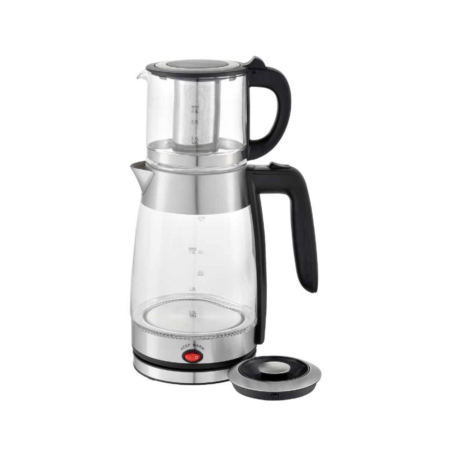 Schäfer Glas-Teekocher 1,8/0,8 Liter 2200W Wasserkocher Elektrischer Teemaschine Caymatik Silber