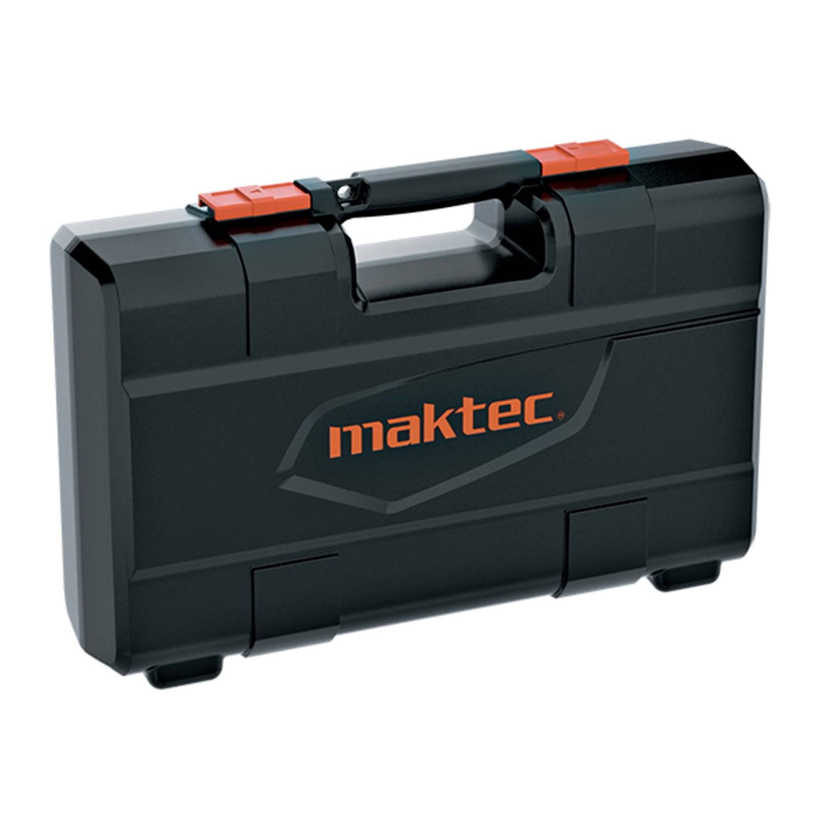 Eine schwarze Plastiktragetasche mit Griff, die das 'maktec' Logo in Orange auf der Vorderseite trägt.