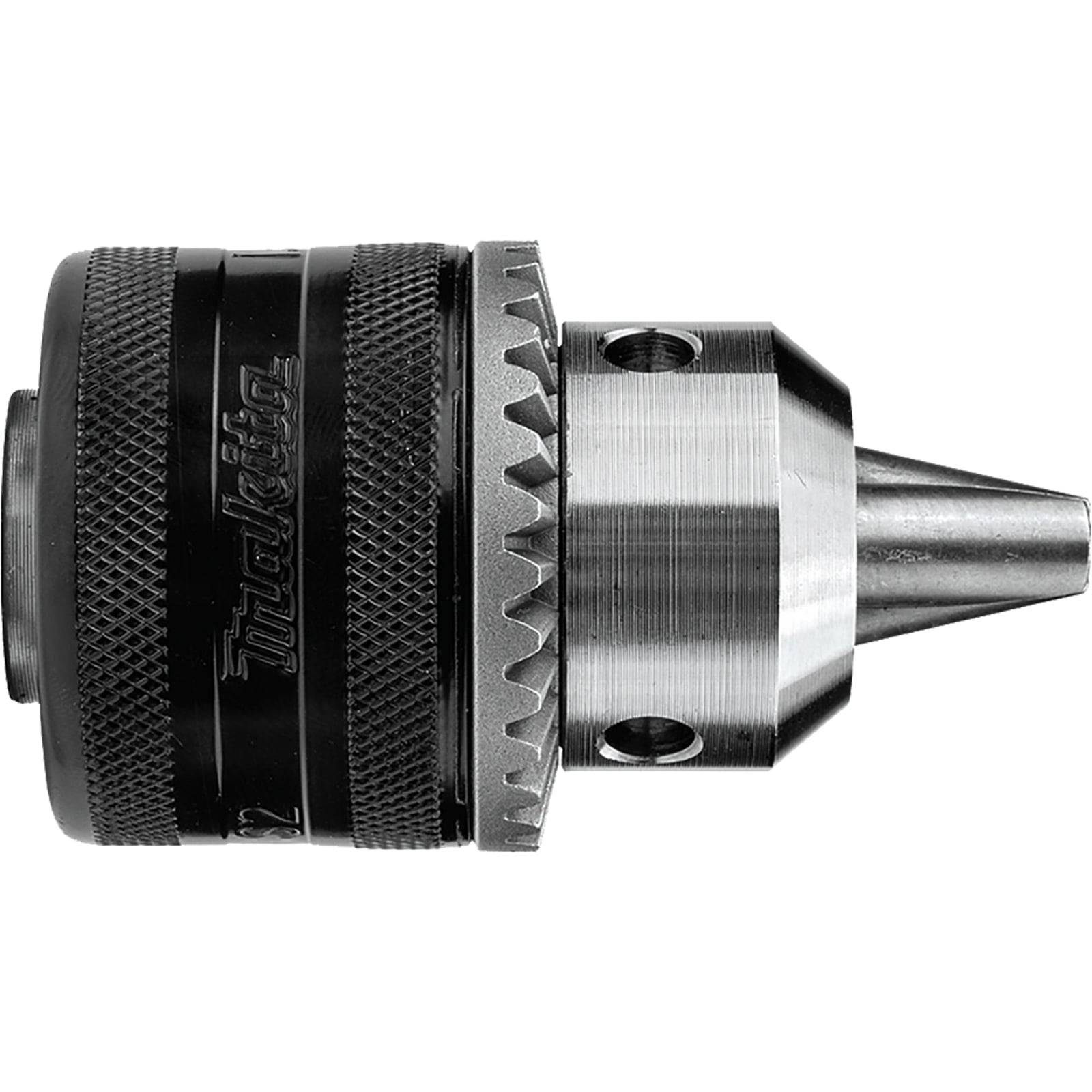 Bohrfutter mit gerilltem Griff und Metallgehäuse, Klemmbackenmechanismus zur Befestigung von Bohrern sichtbar, mit der Marke 'Makita' versehen.