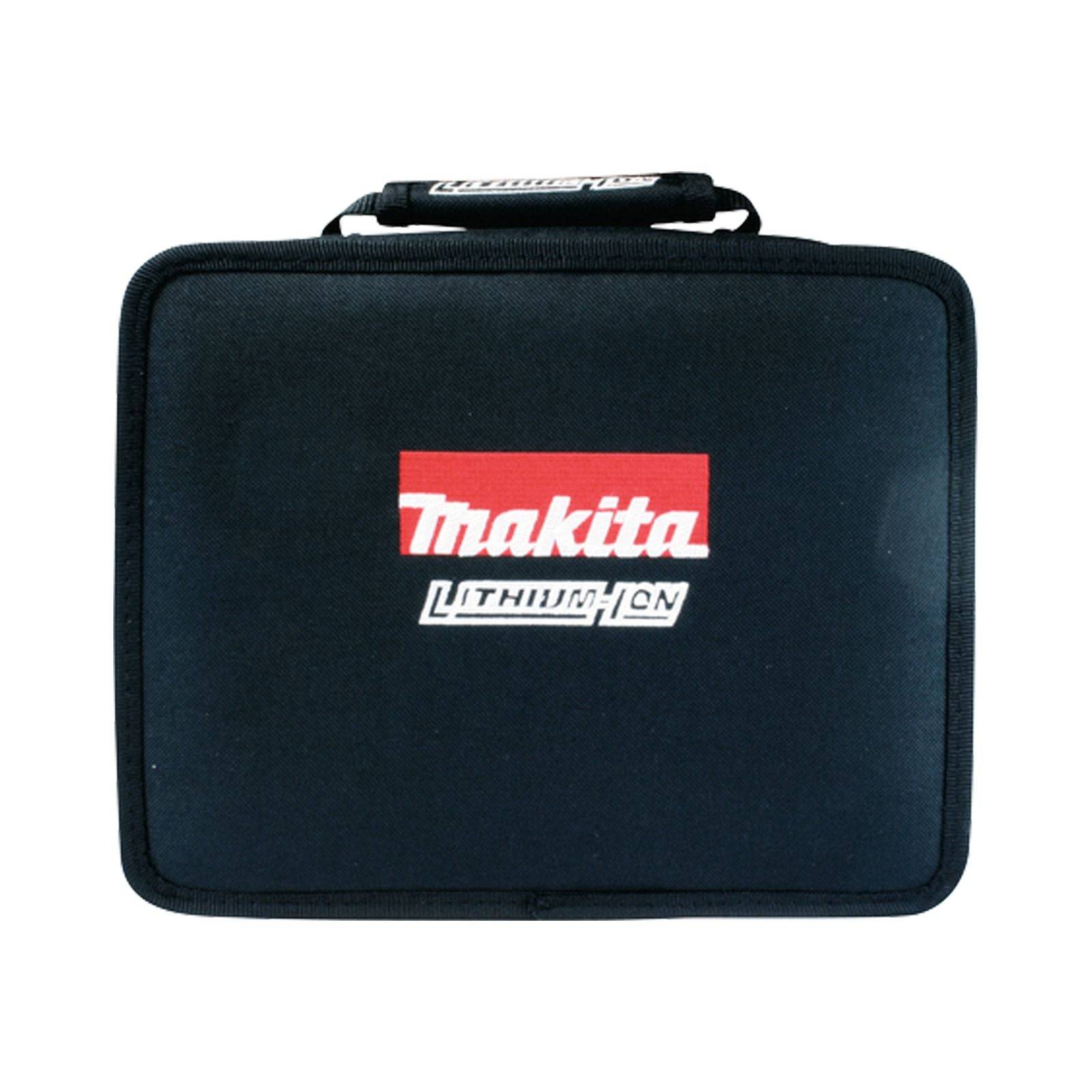 Eine schwarze Makita-Werkzeugtasche aus Lithium-Ionen-Material mit Griff, auf der das Makita-Logo prominent in Rot und Weiß prangt.